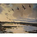 Jason Partner - Oil on board - Fenland landscape with geese returning, 49cm x 51cm, framed