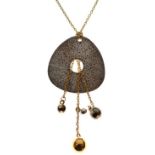 White metal pendant having textured surface on gold coloured metal chain, stamped 18k Condition: