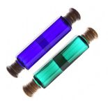 Blue glass double ended scent bottle with brass mounts, together with a similar green glass scent