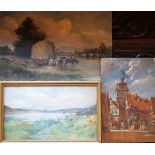 Oil and pokerwork panel - Architectural view and two other pictures Condition: