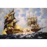 Modern oil on board - An 18th Century sea battle, indistinctly signed, framed Condition: