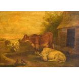 19th Century English School - Oil on wooden panel - Farmyard scene with cattle, unsigned, framed