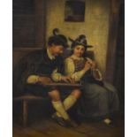 19th Century German School - Interior scene with romantic couple, he playing a zither and she