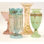 Victorian pale blue lustre drop vase having floral decoration and three Victorian coloured glass