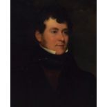 19th Century English School - Oil on panel - Portrait of a young gentleman wearing a black jacket,