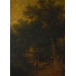 19th Century English School - Oil on canvas - Wooded landscape with shepherd and sheep on a track,