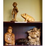 Large carved wooden figure of a Buddha and various other carved wooden figures Condition: