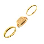 Two 22ct gold wedding bands, together with a 9ct gold signet ring Condition:
