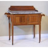 Early 20th Century inlaid mahogany washstand having a marbled slate top, two cupboard doors and