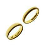 Two 22ct gold wedding bands, sizes N & O, combined weight 9.8g approx Condition: