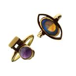 9ct gold ring set oval opal, size P, together with an unmarked yellow metal ring set amethyst