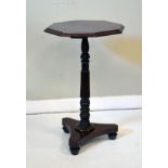 Victorian mahogany and walnut octagonal top wine table on a turned and reeded pillar and platform