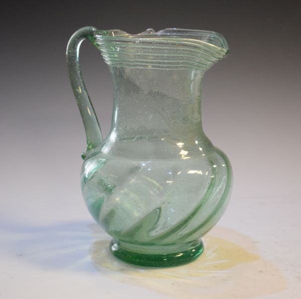 Green soda glass baluster shaped jug with etched decoration Condition: