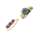 18ct gold ring set rubies interspersed by small diamonds, size N, together with an unmarked yellow