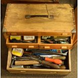 Beech portable tool chest fitted five drawers and containing various tools, together with two