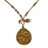 Yellow metal watch chain stamped 15 having a hammered gold coloured coin attached Condition: