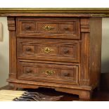 Oak table top chest of three drawers on bracket feet Condition: