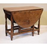 19th Century oak two flap oval gateleg tea table fitted one drawer and standing on turned supports