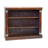 Regency rosewood open bookcase fitted three shelves flanked by tapered pillars, having brass