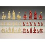 19th Century Cantonese white and red stained carved ivory chess set, height of kings 11cm Condition: