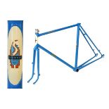 Sun steel racing cycle frame in blue with white head tube and gold decals having brazed-on