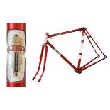 Sun of Worksop steel racing cycle frame in red with white and black decals, having horizontal