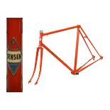 Jensen of Croydon Reynolds 531 steel racing cycle frame in red with gold decals having horizontal