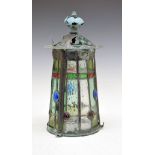 Arts & Crafts copper framed stained and leaded glass lantern style gas lamp shade, 38.75cm high