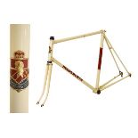 Holdsworth steel racing cycle frame in white with red decals, having vertical dropouts, fitted Tange