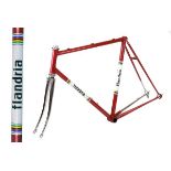 Flandria steel cycle racing frame in team colours with white and rainbow band decals, having