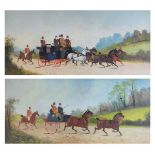 19th Century English Primitive School - Pair of watercolours - Coaching scenes, unsigned, 17cm x