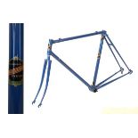 Maclean of London Reynolds 531 steel racing cycle frame in blue with gold decals and extended ornate