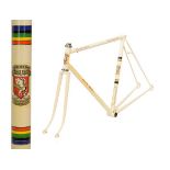 W.F.Holdsworth steel racing cycle frame in white with red decals and rainbow bands having lugless