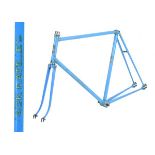 Jack Hateley steel racing cycle frame in blue with white and gold decals having track/fixed wheel