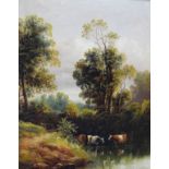 Henry Harris (1852-1926) - Oil on canvas - River landscape with cattle, titled 'Near Highbridge,