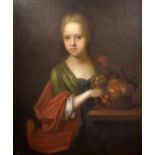 18th Century French School - Oil on canvas - Half length portrait of a young girl wearing a green