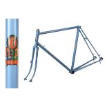 Claude Butler steel racing cycle frame in blue with white decals and gold highlights to the lugs,