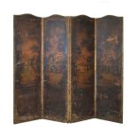 19th Century Continental painted leather single sided four fold screen, each section decorated