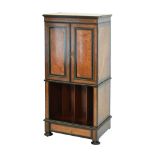 Late Victorian brass mounted burr walnut and ebonised music cabinet, the upper section fitted two