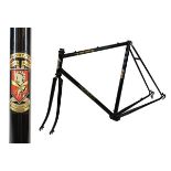 W.F.Holdsworth steel racing cycle frame in black with gilt decals and gold highlights to the