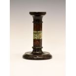 19th Century Cornish serpentine candlestick, the octagonal pillar having a cream band within two red