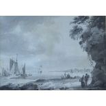 Attributed to Samuel Owen (1768-1857) - En-grisaille watercolour - Coastal view with fishing vessels