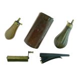 Small copper pistol flask with fluted body 13cm, a similar one, plain body 10cm, a rounded brass