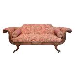 Regency brass inlaid mahogany framed double scroll end sofa finely upholstered in Lampas Cachemire