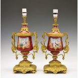 Pair of 19th Century French cast ormolu and porcelain table lamps, converted from vases, each having