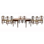 Matched mahogany nine piece dining suite comprising: George III D-end extending table fitted one