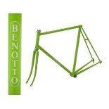 Benotto steel racing cycle frame in bright green with white decals having horizontal dropouts,