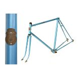 Scot of Glasgow steel racing cycle frame in blue having horizontal dropouts with mudguard eyes and