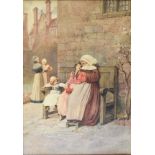 Beatrice Meyer (French 19th Century) - Watercolour - A village scene with a nun and children