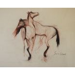 Sunil Das (Indian b.1939) - Red chalk and charcoal - Study of two horses, signed, 54cm x 72.5cm